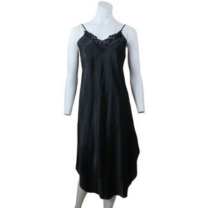 Vintage 80s Dentelle Black Slip Nightgown Small Lace Bodice Spaghetti Strap USA